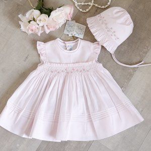 Girls Dress Pink Smocked Size 3 Months with Bonnet Feltman Brothers NWT
